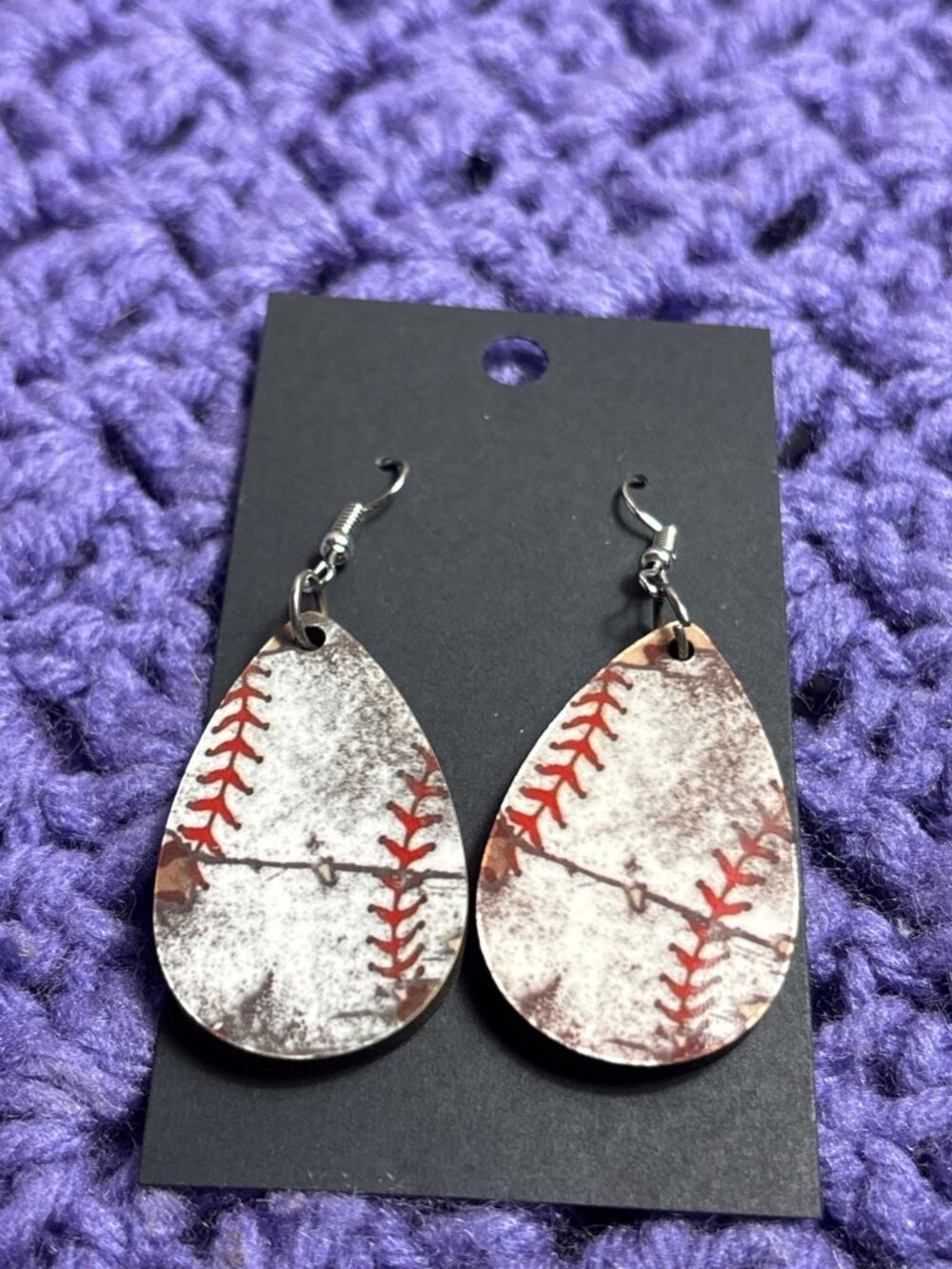 Baseball Teardrop Dangle Earrings Rustic Distressed Style 1.5 inches